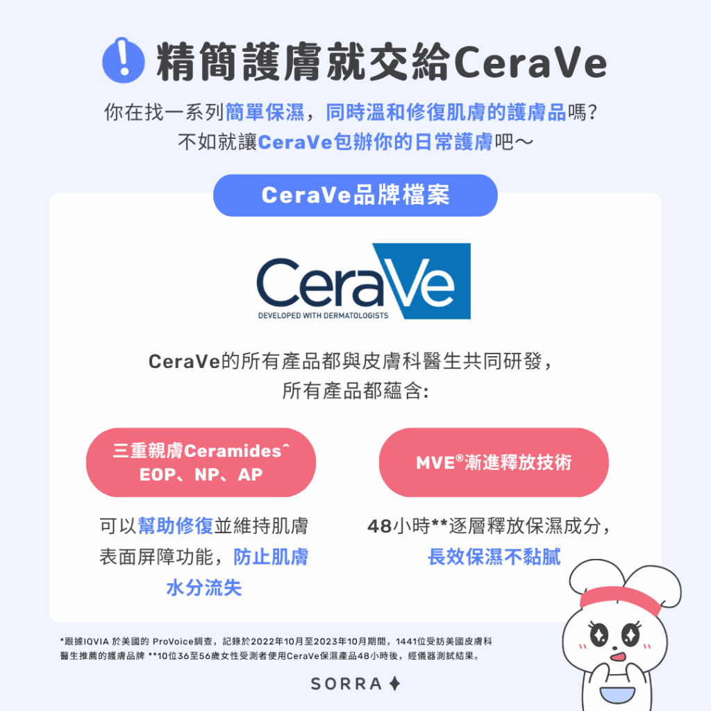 精簡護膚就交給CeraVe! 精簡護膚就交給CeraVe!
你在找一系列簡單保濕,同時溫和修復肌膚的護膚品嗎?不如就讓CeraVe包辦你的日常護膚吧~
CeraVe品牌檔案
CeraVe 的所有產品都與皮膚科醫生共同研發,所有產品都蘊含: